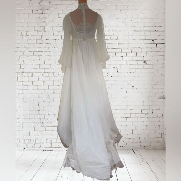 Vntg. Alfred Angelo Chiffon Wedding Dress High Neck Long Sleeves Bridal Gown - Picture 13 of 16